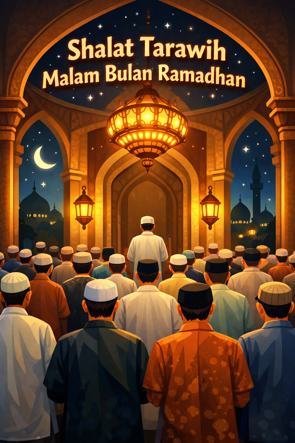 Jamaah Melaksanakan Shalat Tarawih Malam Bulan Ramadhan Di Masjid