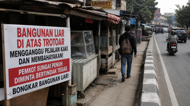 Ilustrasi Bangunan Liar Di Trotoar Sungai Penuh Menghalangi Pejalan Kaki