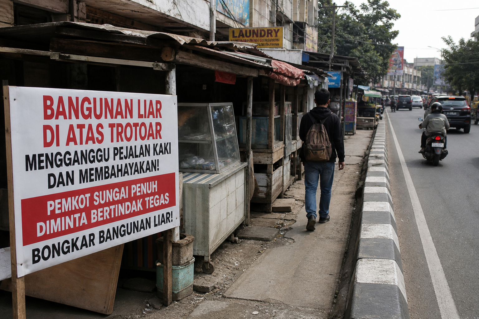 Ilustrasi Bangunan Liar Di Trotoar Sungai Penuh Menghalangi Pejalan Kaki