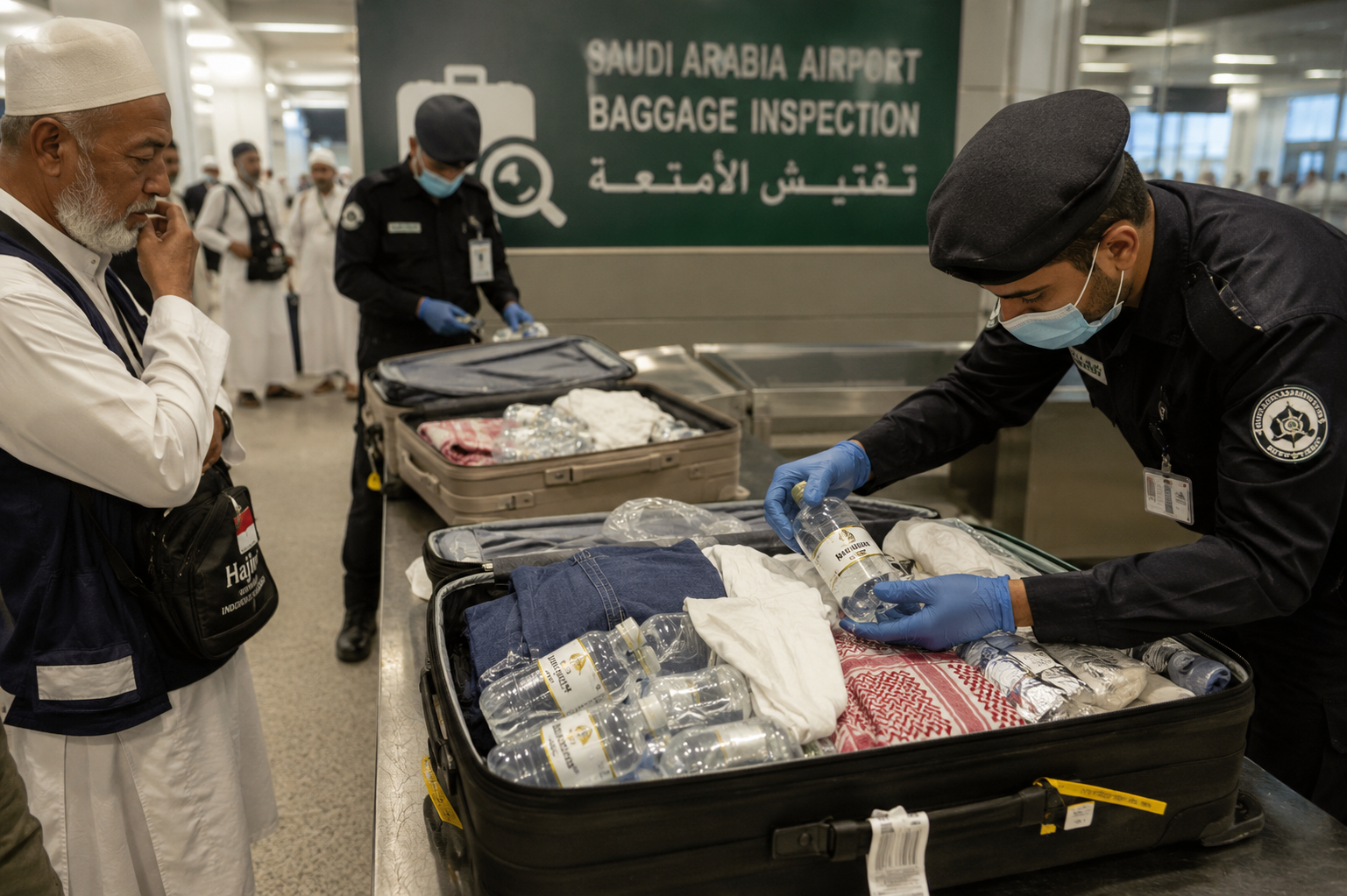 Foto Ilustrasi Petugas Bandara Arab Saudi Memeriksa Koper Jemaah Haji Yang Berisi Air Zamzam