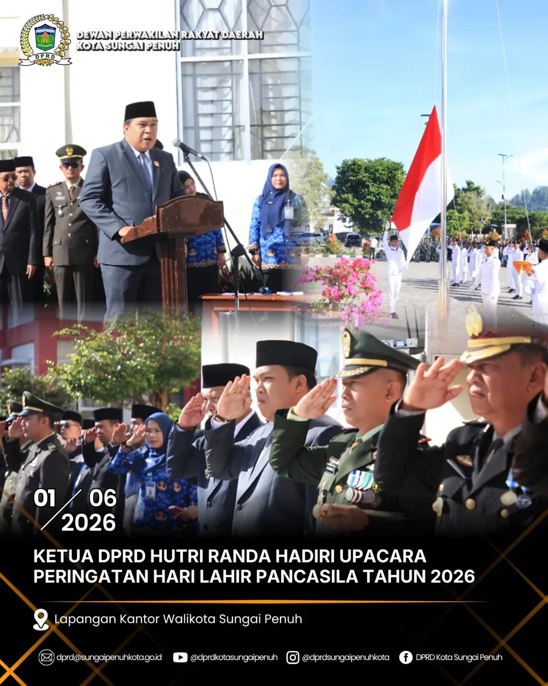 Ketua Dprd Kota Sungai Penuh Hutri Randa Membacakan Pembukaan Uud 1945 Saat Upacara Hari Lahir Pancasila 2026 Di Lapangan Kantor Wali Kota Sungai Penuh
