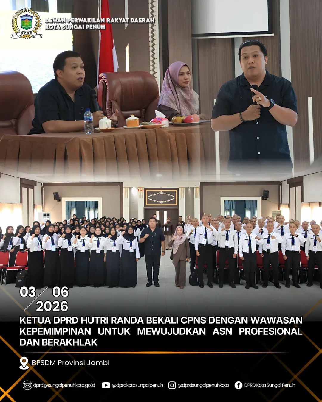 Ketua Dprd Kota Sungai Penuh Hutri Randa Memberikan Materi Kepemimpinan Kepada Peserta Latsar Cpns Kota Sungai Penuh Di Bpsdm Provinsi Jambi Sebagai Upaya Membentuk Asn Profesional Dan Berakhlak